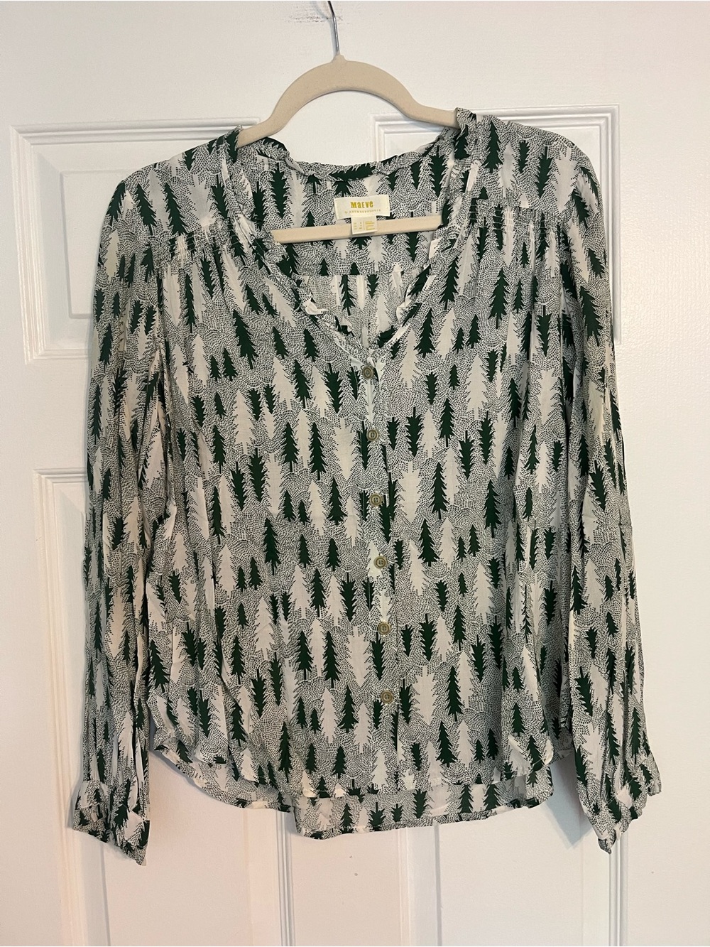 Anthropologie Maeve Green and White Tree-Print Button Front Blouse